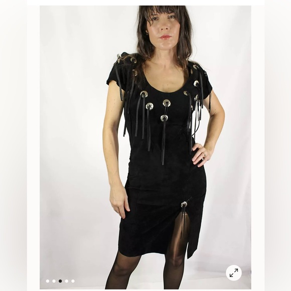 Western Fringe Concho Black Suede Dress 9/10 *VINTAGE* - Picture 2 of 15